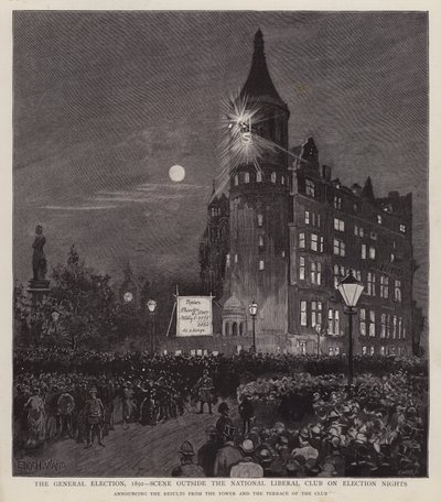 伦敦威斯敏斯特自由俱乐部公布 1892 年大选结果（石版画） 作者 伊诺克·沃德