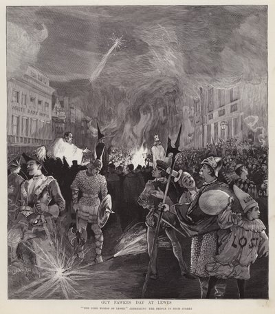 1892 年 11 月 5 日在苏塞克斯刘易斯举行的盖伊·福克斯日游行（石版画） 作者 伊诺克·沃德