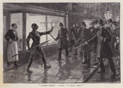 警察在伦敦街头遇到一名身穿中世纪盔甲的男子（石版画） 作者 伊诺克·沃德