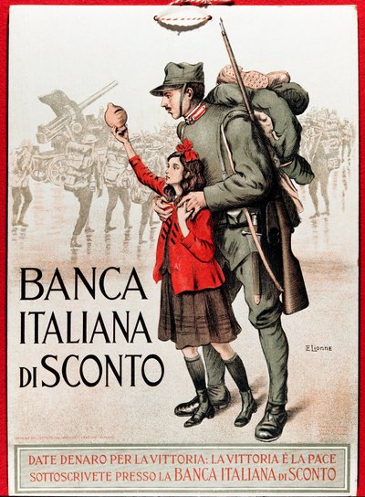 第一次世界大战：意大利海报鼓励国家贷款，代表一名士兵和一个小女孩提供里拉 - Enrico della Leonessa（雌狮）的插图（1875-1921） 作者 恩里科·德拉·莱昂