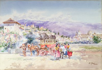 从驿马车上下来的旅行者（铅笔和水彩画） 作者 恩里克·马林·伊奎罗（Enrique Marin Higuero）