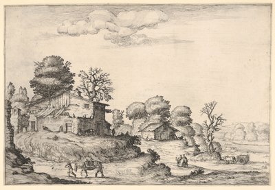 有农民住宅的风景，左前方有一个人在牵马，来自......，1638年。 作者 埃尔科尔·巴齐卡卢瓦