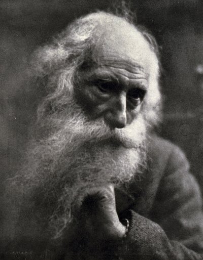 Close-up of the famous sculptor Vincenzo Gemito. The elderly artist is caressing his thick white beard (b/w photo) 作者 埃斯科·马萨利亚（Ercole Massaglia）