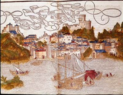 希腊科孚岛 (Corfu) 港页取自旅行书“Peregrinatio in terram sanctam””，在布赖登巴赫 (Breidenbach) 的圣地伯纳德 (Breidenbach)（1454-1497 年）朝圣之后，用 Erhard Reuwich 的版画插图 作者 艾哈德·鲁威奇