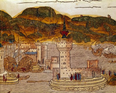 在伯纳德·德·布雷登巴赫 (Breidenbach) (1454-1497) 的圣地朝圣之后，从旅行书“”peregrinatio in terram sanctam”中可以看到克里特页的康迪港（今伊拉克利翁） Erhard Re 的版画 作者 艾哈德·鲁威奇