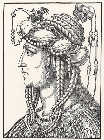 “苏丹娜·罗克斯兰 (Russelazie，鲁塞尼亚人) 或胡勒姆 (Hurrem，原名阿纳斯塔西娅·利索夫斯卡，约 1500-1558 年) 苏丹苏莱曼大帝的妻子的肖像”由埃哈德·舍恩 (Erhard Schoen，1491-1592) 绘制的木版画，约 1532 年 哥达赫佐利切斯博物馆 作者 埃哈德·舍恩（Erhard Schon）