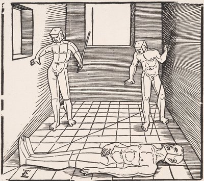 一个房间里的三个男性人物来自：Undererweissung der Proportzion 作者 埃哈德·舍恩（Erhard Schon）
