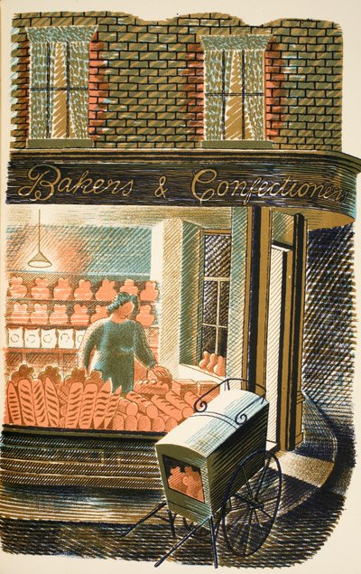 Baker and Confectioner，来自JM Richards的&39;High Street&39;插图，由Curwen Press，pub打印。 1938年的乡村生活 作者 埃里克·拉维鲁（Eric Ravilious）