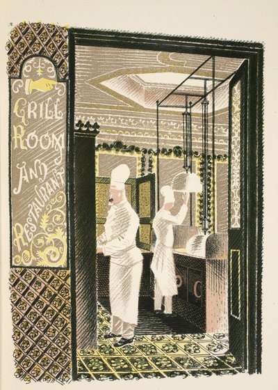 餐厅和烧烤室，由JM Richards的&39;High Street&39;插图，由Curwen Press，pub打印。 1938年的乡村生活 作者 埃里克·拉维鲁（Eric Ravilious）