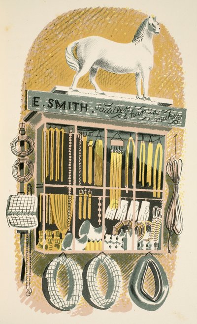 Saddler和Harness Maker，来自JM Richards的“High Street”插图，由Curwen Press，pub打印。 1938年的乡村生活 作者 埃里克·拉维鲁（Eric Ravilious）