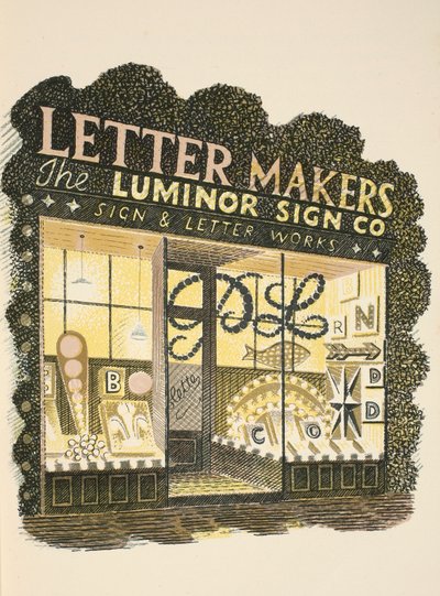 Sign Maker，来自JM Richards的&39;High Street&39;插图，由Curwen Press，pub打印。 1938年的乡村生活 作者 埃里克·拉维鲁（Eric Ravilious）