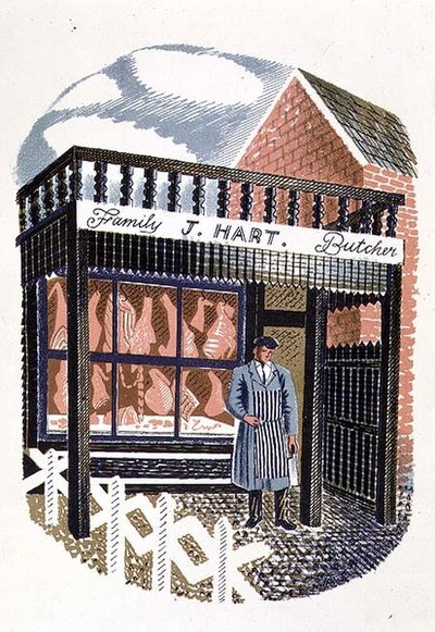 The Butchers Shop，由Curwen Press出版，来自High Street，由JM Richards出版，1938年由Country Life出版（24件） 作者 埃里克·拉维鲁（Eric Ravilious）