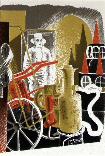 消防工程师》，由Curwen出版社印刷，出自《高街》，作者是J.M.Richards，由《乡村生活》出版。 作者 埃里克·拉维鲁（Eric Ravilious）