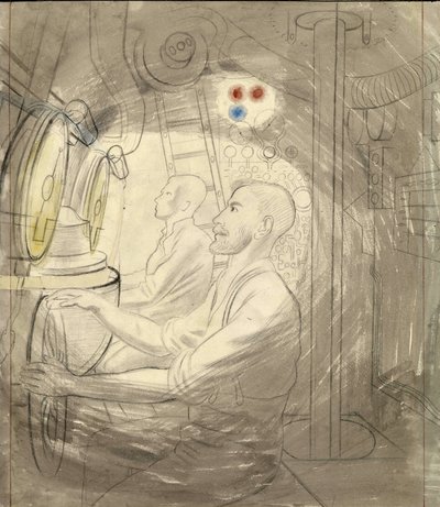 潜艇的潜水控制室。埃里克-拉维里乌斯（1903-1942 年）的铅笔系列作品，第二次世界大战（1939-1945 年）期间登上一艘潜艇 作者 埃里克·拉维鲁（Eric Ravilious）