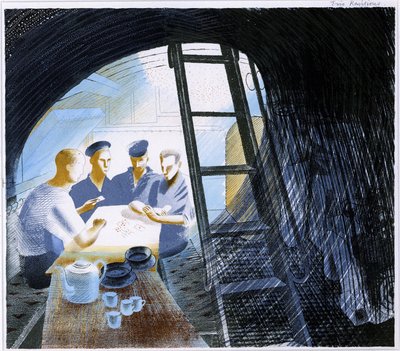 水下潜艇军官餐厅的景象，餐厅内有炊具和四名正在玩牌的水手 作者 埃里克·拉维鲁（Eric Ravilious）
