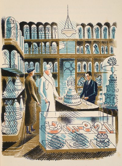 婚礼蛋糕，由JM Richards的&39;High Street&39;插图，由Curwen Press，酒吧印制。 1938年的乡村生活 作者 埃里克·拉维鲁（Eric Ravilious）