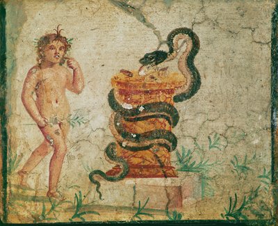 哈波克拉特斯站在祭坛附近，被一条蛇环绕着 作者 Erich Lessing