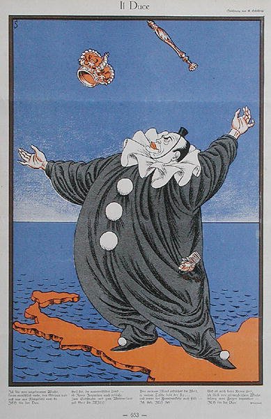 贝尼托-墨索里尼（1883-1945 年）的漫画，选自《Simplicissimus》杂志。1926 年 2 月 8 日（彩色平版） 作者 埃里克·席林
