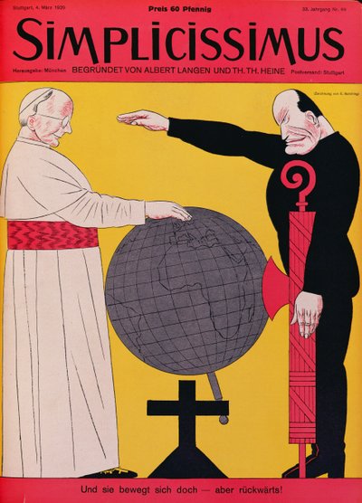 教皇庇护十一世（1857-1939 年）和墨索里尼（1883-1945 年）在 1929 年《拉特兰条约》签订之际，《Simplicissimus》杂志封面插图，1929 年 3 月 4 日（彩色石版画） 作者 埃里克·席林