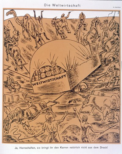以全球经济为主题的讽刺画，Simplicissimus，约 1930 年（石版画） 作者 埃里克·席林