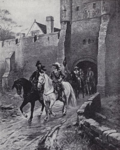 1650年查理二世试图夺回王位时，奥利弗-克伦威尔和他的军队在约克的布萨姆酒吧（litho）。 作者 欧内斯特·克劳夫特（之后）