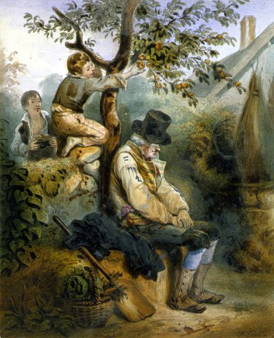 孩子们在熟睡的农民鼻子下偷苹果 - Grenier 的平版印刷术，v.1840 作者 欧内斯特（后）格里尼尔（Grenier）
