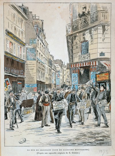 法国，巴黎，报纸小贩在 rue du Croissant，位于巴黎 rue du Faubourg Montmartre 的拐角处，Ernest Grenier，水彩印刷 作者 欧内斯特（后）格里尼尔（Grenier）
