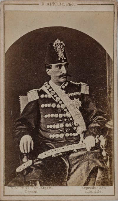 纳赛尔-丁-沙阿-卡贾尔的肖像，1831-1896年，波斯国王，约1870年。 作者 欧内斯特·查尔斯·阿佩特