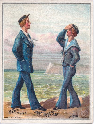 维多利亚时代的两个水手在海边漫步的圣诞卡片，约1880年 作者 Ernest Henry Griset