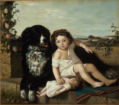 一个女孩的画象有狗的，1879年 作者 Ernest Narjot