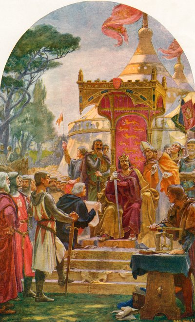 约翰国王于1215年6月15日在英国温莎附近的泰晤士河畔，在Runnymede批准Magna Carta。来自Cassell的英国历史，出版c.1901 作者 欧内斯特·诺曼德
