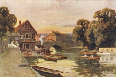 Folly Bridge，牛津（彩色平版印刷） 作者 欧内斯特·威廉·哈斯勒赫斯特