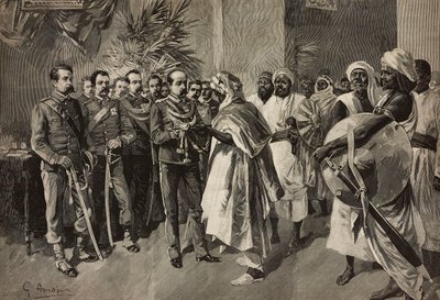 Tancredi Saletta 将军向厄立特里亚战争中马萨瓦的阿巴酋长 Kantibai 献剑，Ernesto Mancastroppa 根据 G Amato 的画作雕刻，摘自《意大利画报》第 47 期，11 月 6 日 作者 Ernesto Mancastroppa
