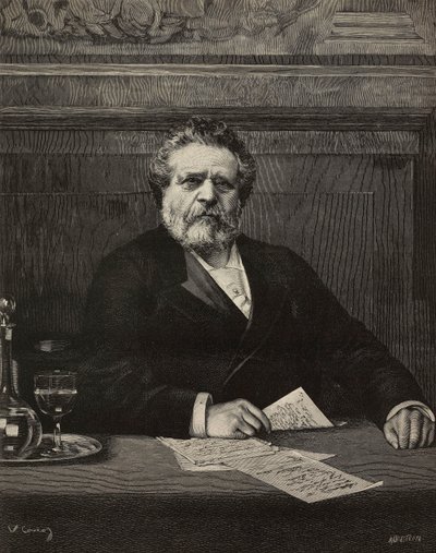 乔苏埃·卡尔杜奇（Giosue Carducci，1835-1907 年），意大利诗人和作家，1906 年诺贝尔奖获得者，埃内斯托·曼卡斯特罗帕 (Ernesto Mancastroppa) 根据维托里奥·科科斯 (Vittorio Corcos) 的画作雕刻，出自《意大利插画》，第 19 年，第 29 期，7 月 17 日 作者 埃内斯托·曼卡斯特罗帕