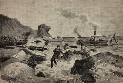 4 月 24 日，Carlo Zavagli 中尉（1867-1890 年）在索马里华沙被杀害，Ernesto Mancastropa 根据 Gennaro Amato 的画作雕刻，摘自《意大利画报》6 月 29 日第 26 期。 作者 埃内斯托·曼卡斯特罗帕