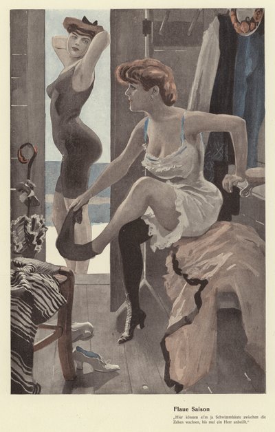 游泳池更衣室里的两名妇女（彩色平版印刷） 作者 恩斯特（后）海勒曼