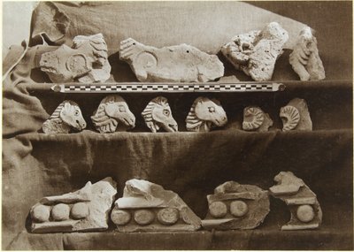 萨马拉（伊拉克）的发掘：哈里发宫（达勒·基拉法（Dar al-Khilafa），贾瓦萨克·贾卡尼（Jawsaq al-Khaqani），拜特·哈利法（Bayt al-Khalifah））的带骆驼雕像的带状装饰的碎片，小瑟达卜，约1911年13月（b - w照片） 作者 恩斯特·赫兹菲尔德