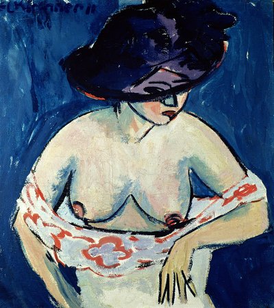 戴着帽子的半裸女人，1911年 作者 Ernst Ludwig Kirchner