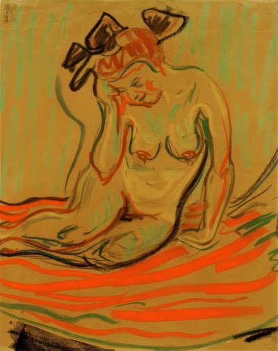 畏缩女性裸体与支持的手臂 作者 Ernst Ludwig Kirchner