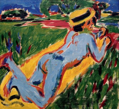 与草帽的说谎的蓝色裸体。 1909年 作者 Ernst Ludwig Kirchner