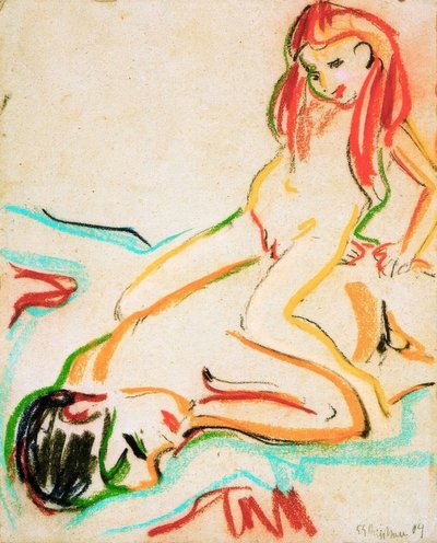 躺在赤裸的男人和他的孩子的背上 作者 Ernst Ludwig Kirchner