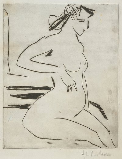 怀孕的裸体女人，坐。 1909年 作者 恩斯特·路德维希·基希纳
