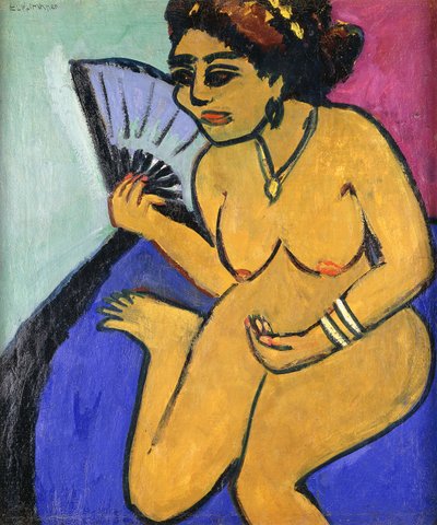 带风扇坐裸体；坐着裸体与Facher，1910-11 作者 Ernst Ludwig Kirchner