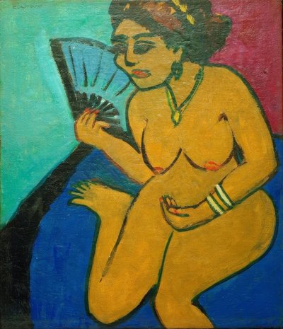 坐在裸体与风扇 作者 Ernst Ludwig Kirchner