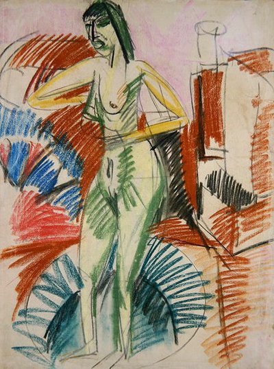 站立的女性裸体，在一个浴缸里 作者 Ernst Ludwig Kirchner