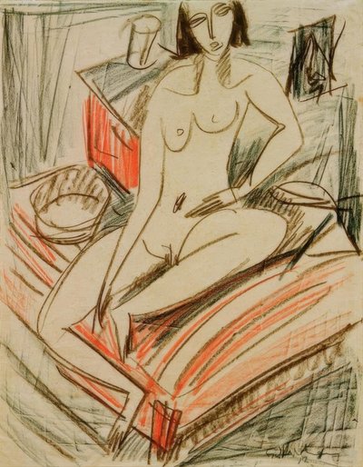 女性裸体，坐在床上 作者 Ernst Ludwig Kirchner