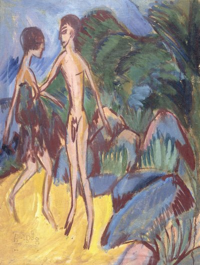 青年和海滩上的裸体女孩；裸体男孩和女孩在沙滩上，1913年 作者 恩斯特·路德维希·基希纳