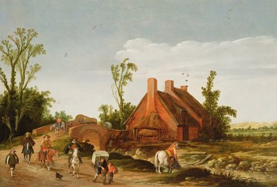 一个树木繁茂的景观与旅行者在轨道上，1624年 作者 以赛亚斯·范德韦尔德