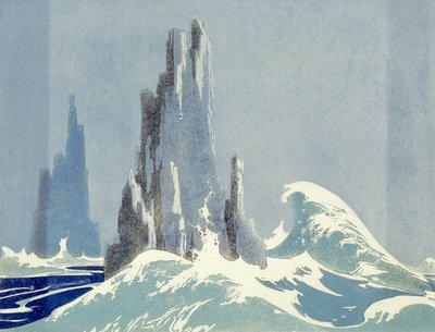 大教堂岩石，塔斯马尼亚州，1939年（linocut） 作者 艾琳·帕尔默（Ethleen Palmer）