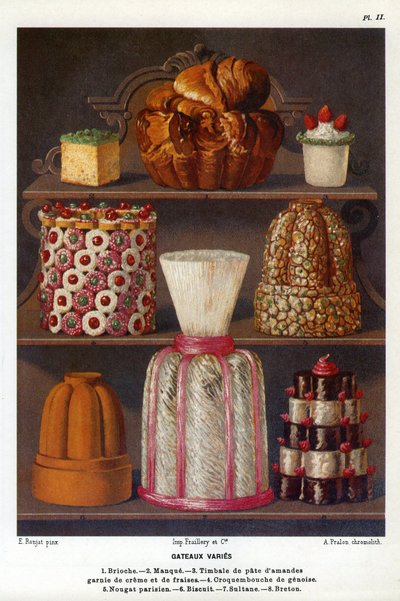 Cakes vary: brioche, lack, timpani of almond paste topped with cream and strawberries, croquenbouche de genoise, Parisian nougat, biscuit, sultane, Breton - Plate No. 2 from the Patisserie Book by Jules Gouffe, officer de bouche du Jockey-Club de Paris (ch 作者 艾蒂安（后）隆加特